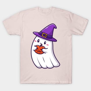 Cute Witch Ghost Holding Pumpkin Halloween Cartoon T-Shirt